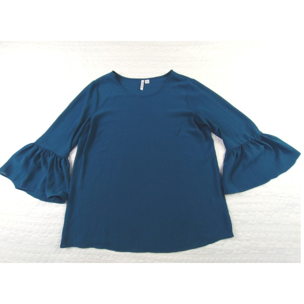 Elle Blouse Womens Small Teal Bell Sleeve Lightweight Feminine Office Top